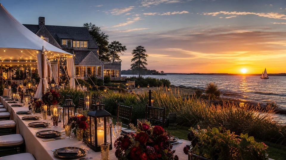 An elegant waterfront reception on Maryland's Eastern Shore at sunset