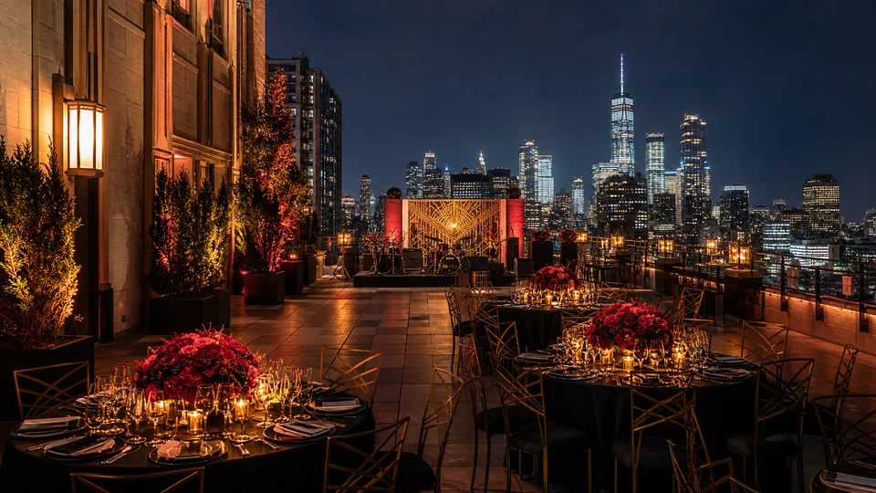 An elegant Manhattan rooftop gala overlooking the New York skyline